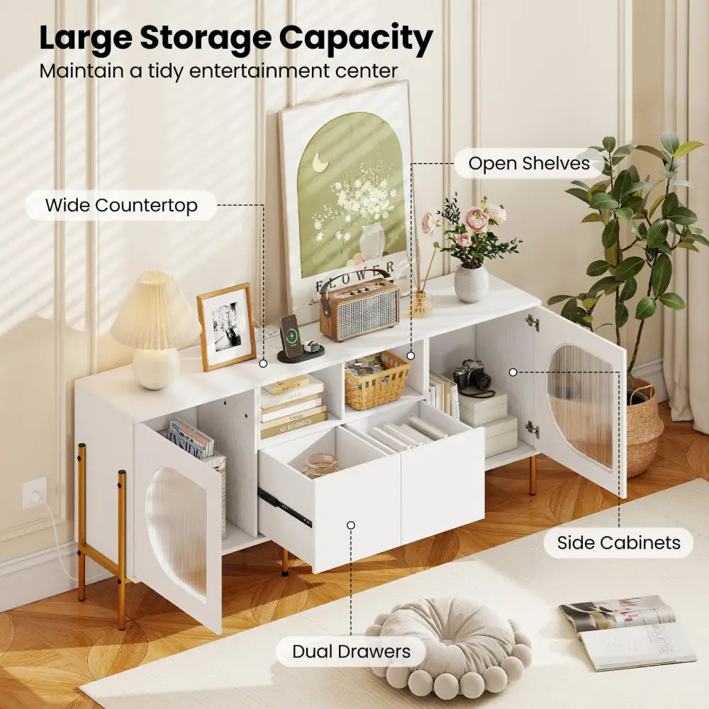 TV Stand for 70 Inch TV with Power Outlets Drawers and Open Shelves-White - White - Entertainment Centers & TV Stands