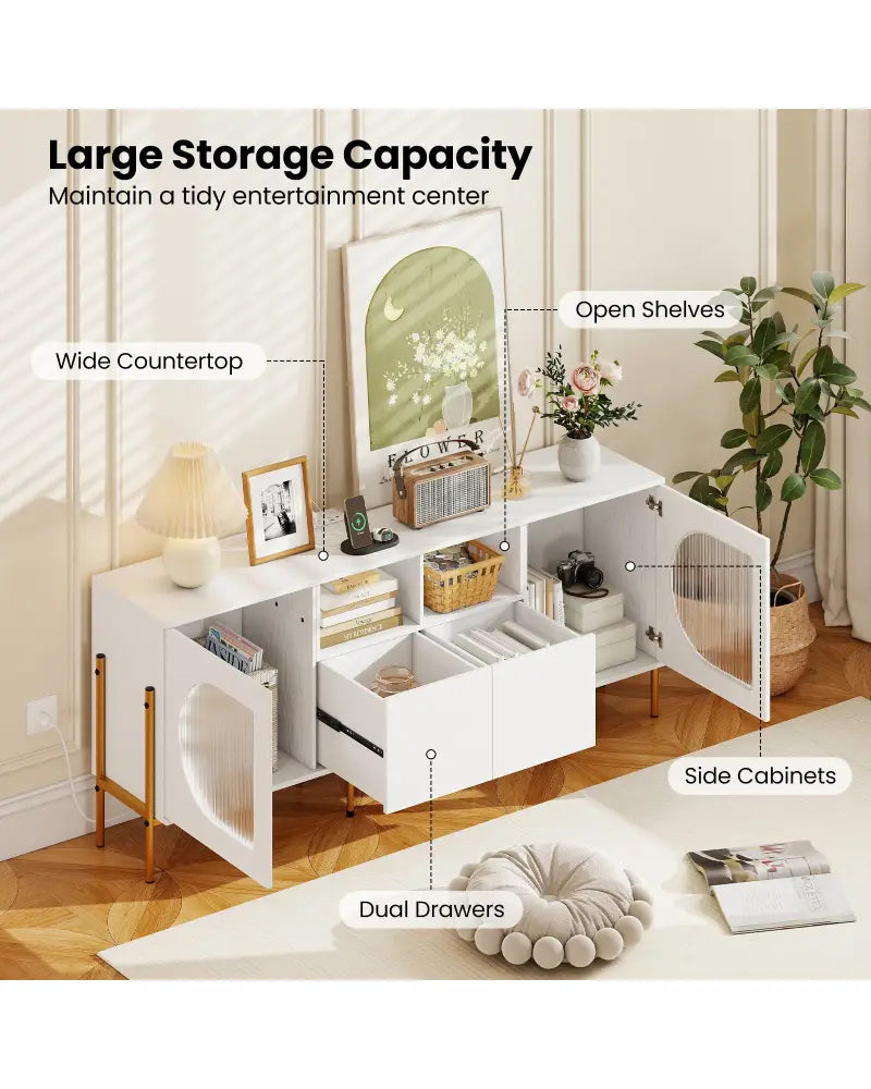 TV Stand for 70 Inch TV with Power Outlets Drawers and Open Shelves-White - White - Entertainment Centers & TV Stands