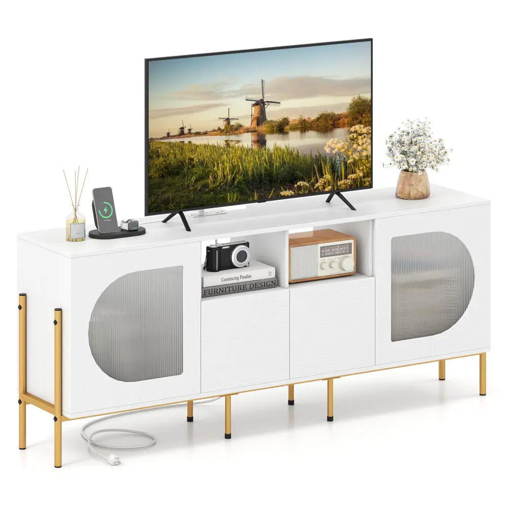 TV Stand for 70 Inch TV with Power Outlets Drawers and Open Shelves-White - White - Entertainment Centers & TV Stands
