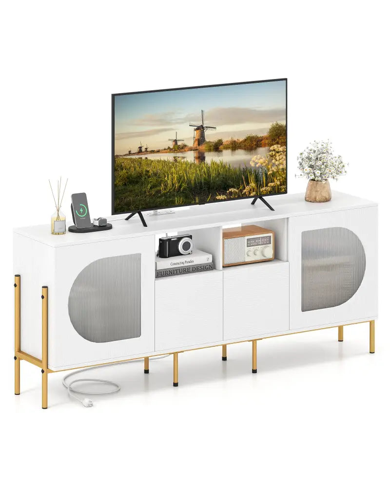 TV Stand for 70 Inch TV with Power Outlets Drawers and Open Shelves-White - White - Entertainment Centers & TV Stands