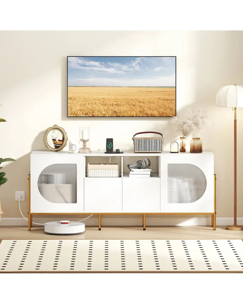 TV Stand for 70 Inch TV with Power Outlets Drawers and Open Shelves-White - White - Entertainment Centers & TV Stands