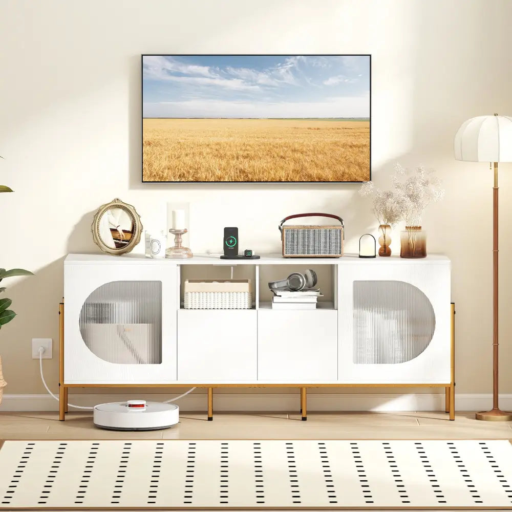 TV Stand for 70 Inch TV with Power Outlets Drawers and Open Shelves-White - White - Entertainment Centers & TV Stands