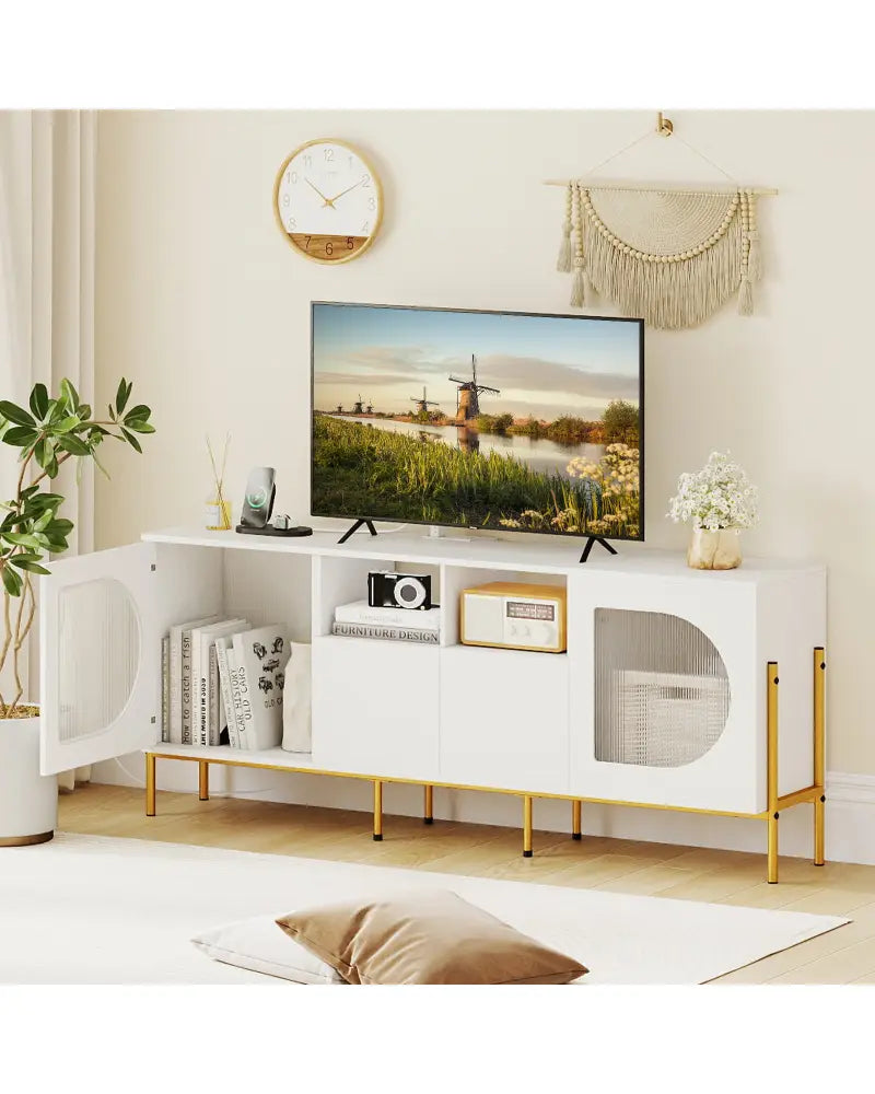 TV Stand for 70 Inch TV with Power Outlets Drawers and Open Shelves-White - White - Entertainment Centers & TV Stands