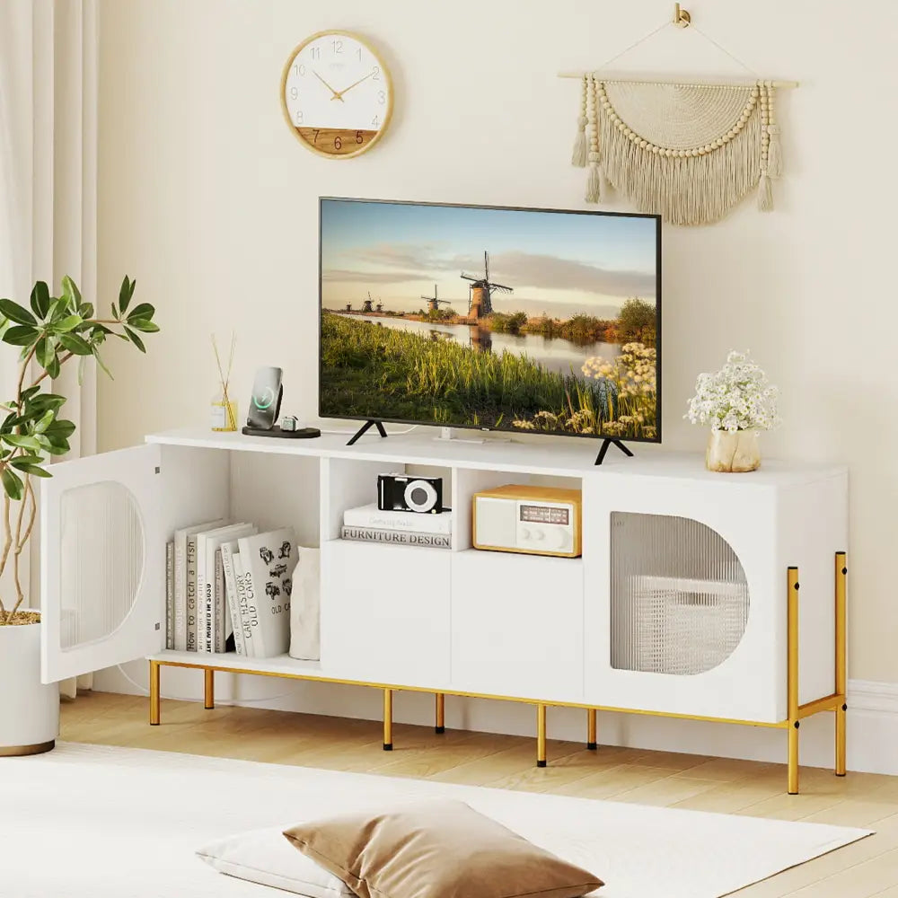 TV Stand for 70 Inch TV with Power Outlets Drawers and Open Shelves-White - White - Entertainment Centers & TV Stands