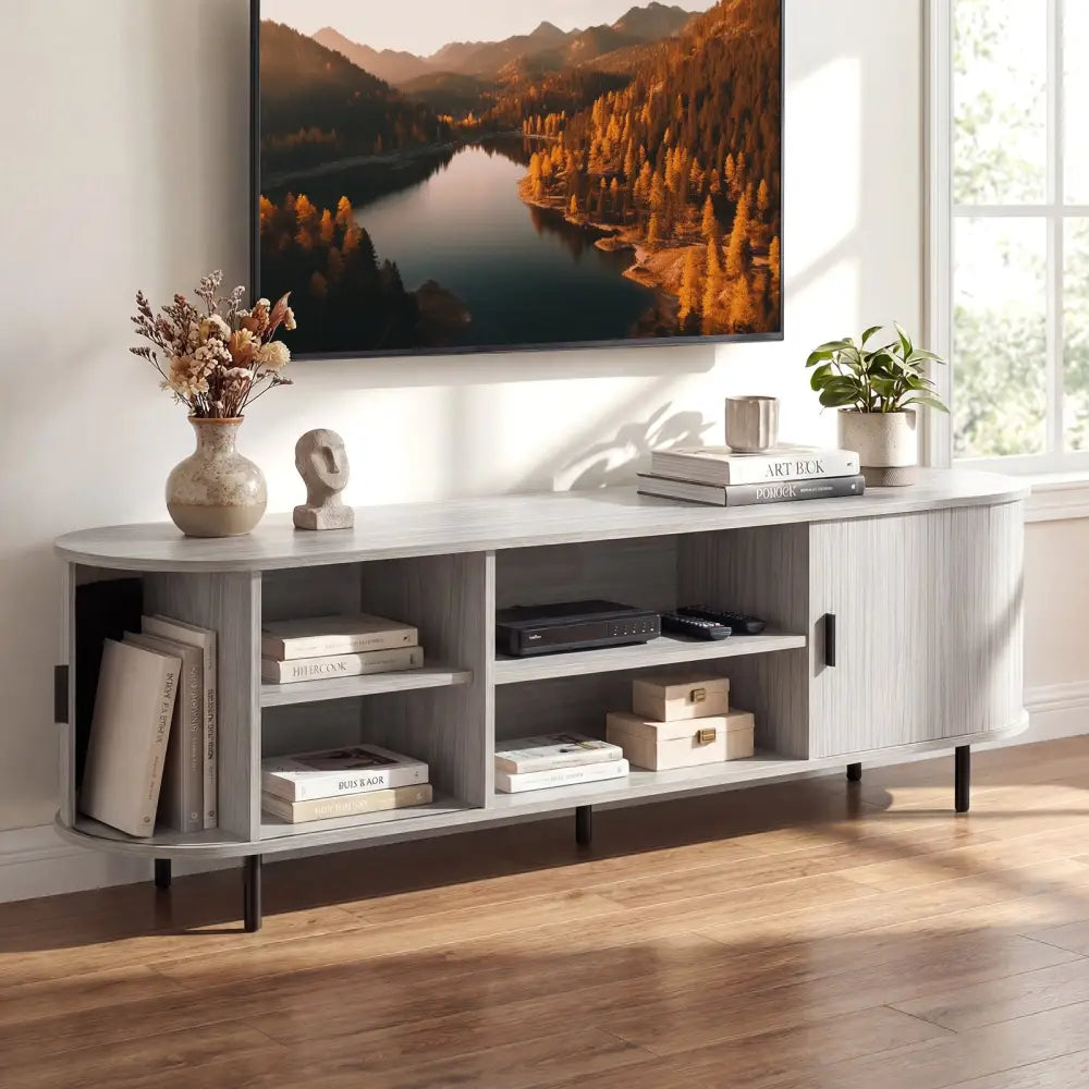 TV Stand for 80 Inch TVs Mid Century Modern Entertainment Center with Fluted Sliding Doors-Natural - Natural