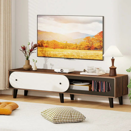 TV Stand for 80 Inch TVs Mid Century Modern Entertainment Center with Sliding Door Cabinet-Walnut - Walnut