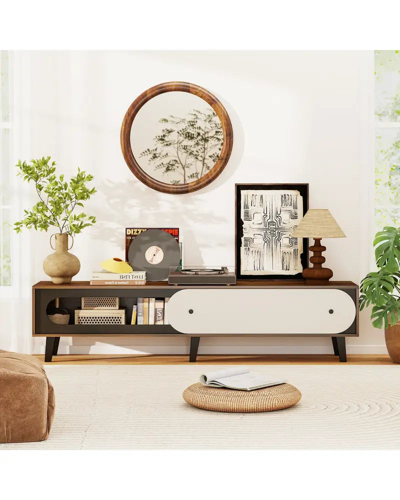 TV Stand for 80 Inch TVs Mid Century Modern Entertainment Center with Sliding Door Cabinet-Walnut - Walnut