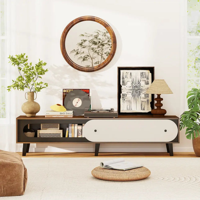 TV Stand for 80 Inch TVs Mid Century Modern Entertainment Center with Sliding Door Cabinet-Walnut - Walnut