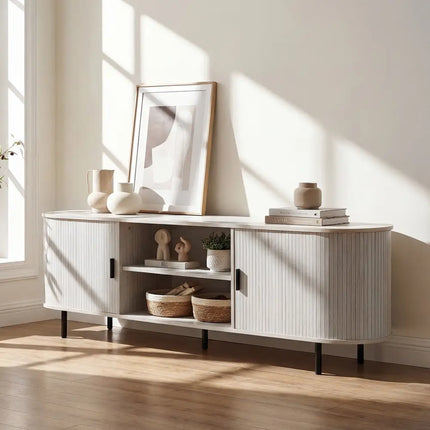 TV Stand for 80 Inch TVs Mid Century Modern Entertainment Center with Fluted Sliding Doors-Natural - Natural
