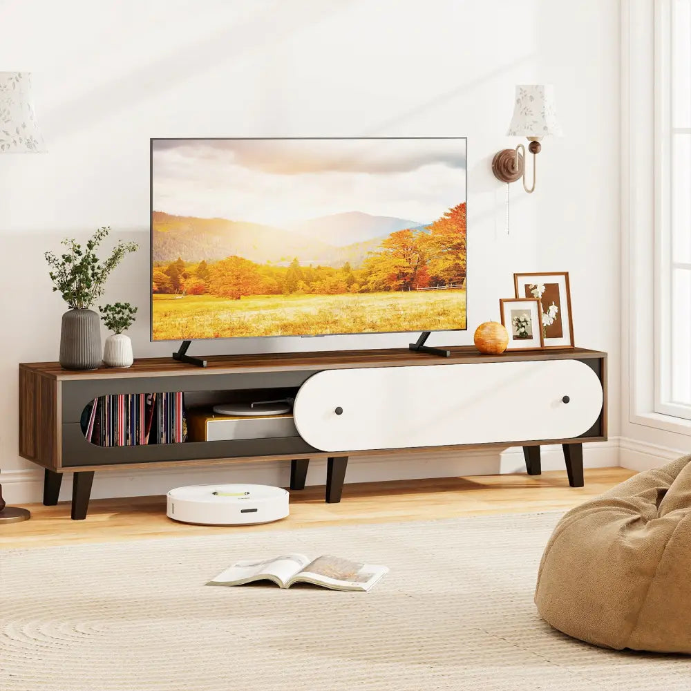 TV Stand for 80 Inch TVs Mid Century Modern Entertainment Center with Sliding Door Cabinet-Walnut - Walnut