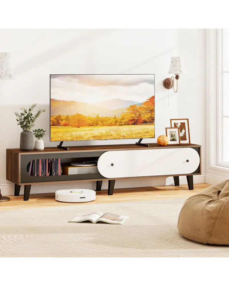 TV Stand for 80 Inch TVs Mid Century Modern Entertainment Center with Sliding Door Cabinet-Walnut - Walnut