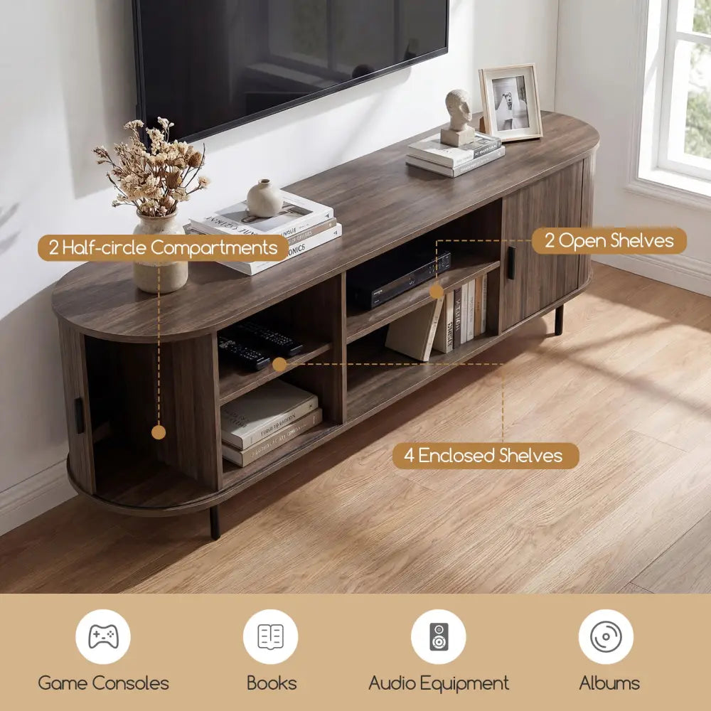 TV Stand for 80 Inch TVs Mid Century Modern Entertainment Center with Fluted Sliding Doors-Walnut - Walnut