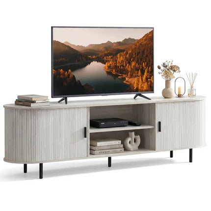 TV Stand for 80 Inch TVs Mid Century Modern Entertainment Center with Fluted Sliding Doors-Natural - Natural