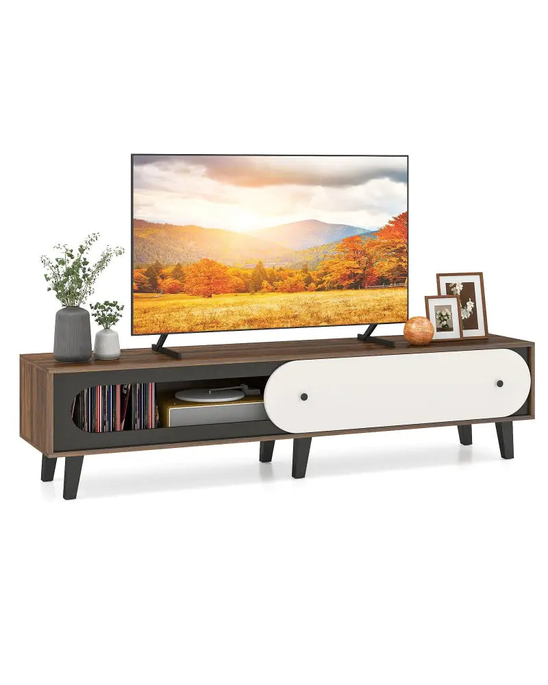TV Stand for 80 Inch TVs Mid Century Modern Entertainment Center with Sliding Door Cabinet-Walnut - Walnut