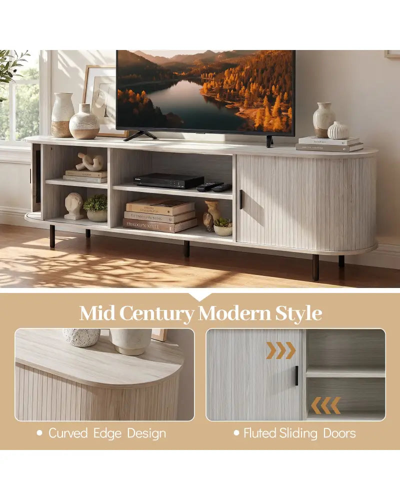 TV Stand for 80 Inch TVs Mid Century Modern Entertainment Center with Fluted Sliding Doors-Natural - Natural