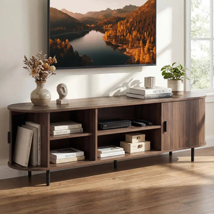 TV Stand for 80 Inch TVs Mid Century Modern Entertainment Center with Fluted Sliding Doors-Walnut - Walnut