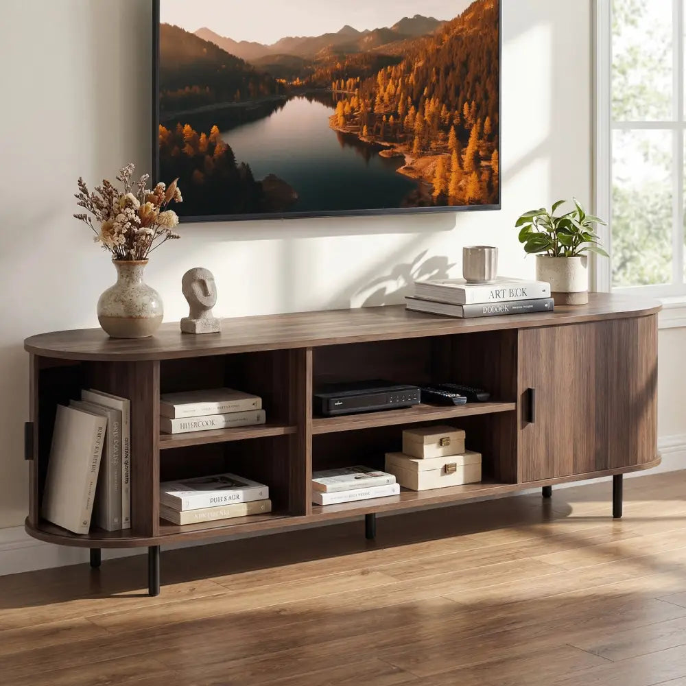 TV Stand for 80 Inch TVs Mid Century Modern Entertainment Center with Fluted Sliding Doors-Walnut - Walnut