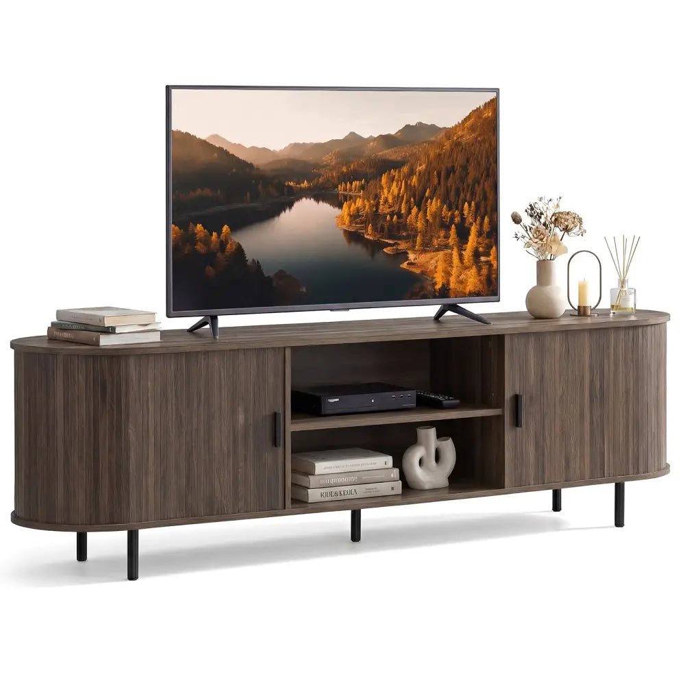 TV Stand for 80 Inch TVs Mid Century Modern Entertainment Center with Fluted Sliding Doors-Walnut - Walnut