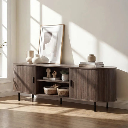 TV Stand for 80 Inch TVs Mid Century Modern Entertainment Center with Fluted Sliding Doors-Walnut - Walnut