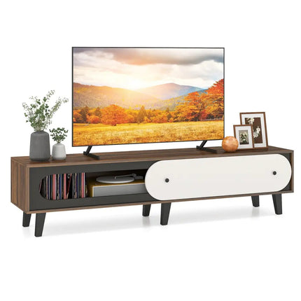 TV Stand for 80 Inch TVs Mid Century Modern Entertainment Center with Sliding Door Cabinet-Walnut - Walnut