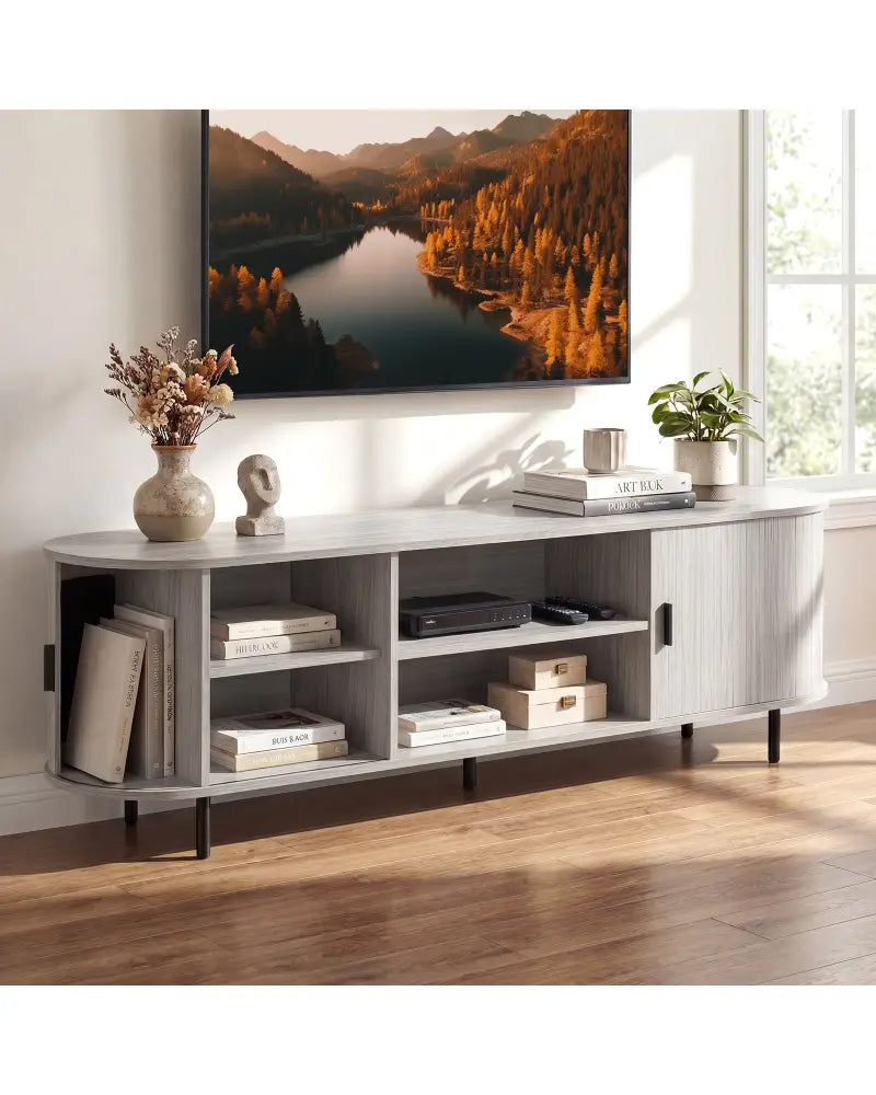 TV Stand for 80 Inch TVs Mid Century Modern Entertainment Center with Fluted Sliding Doors-Natural - Natural