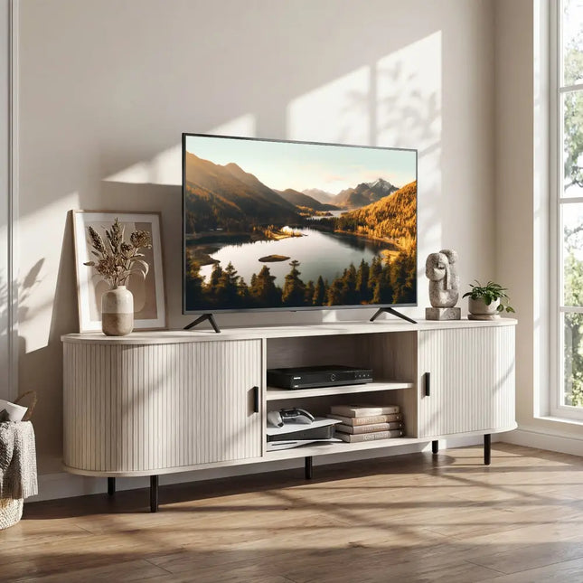 TV Stand for 80 Inch TVs Mid Century Modern Entertainment Center with Fluted Sliding Doors-Natural - Natural