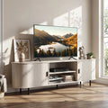 TV Stand for 80 Inch TVs Mid Century Modern Entertainment Center with Fluted Sliding Doors-Natural - Natural