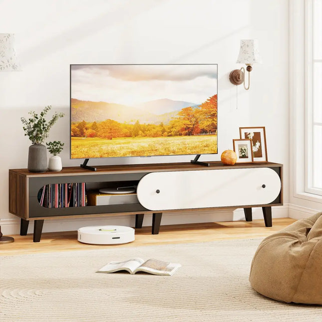 TV Stand for 80 Inch TVs Mid Century Modern Entertainment Center with Sliding Door Cabinet-Walnut - Walnut