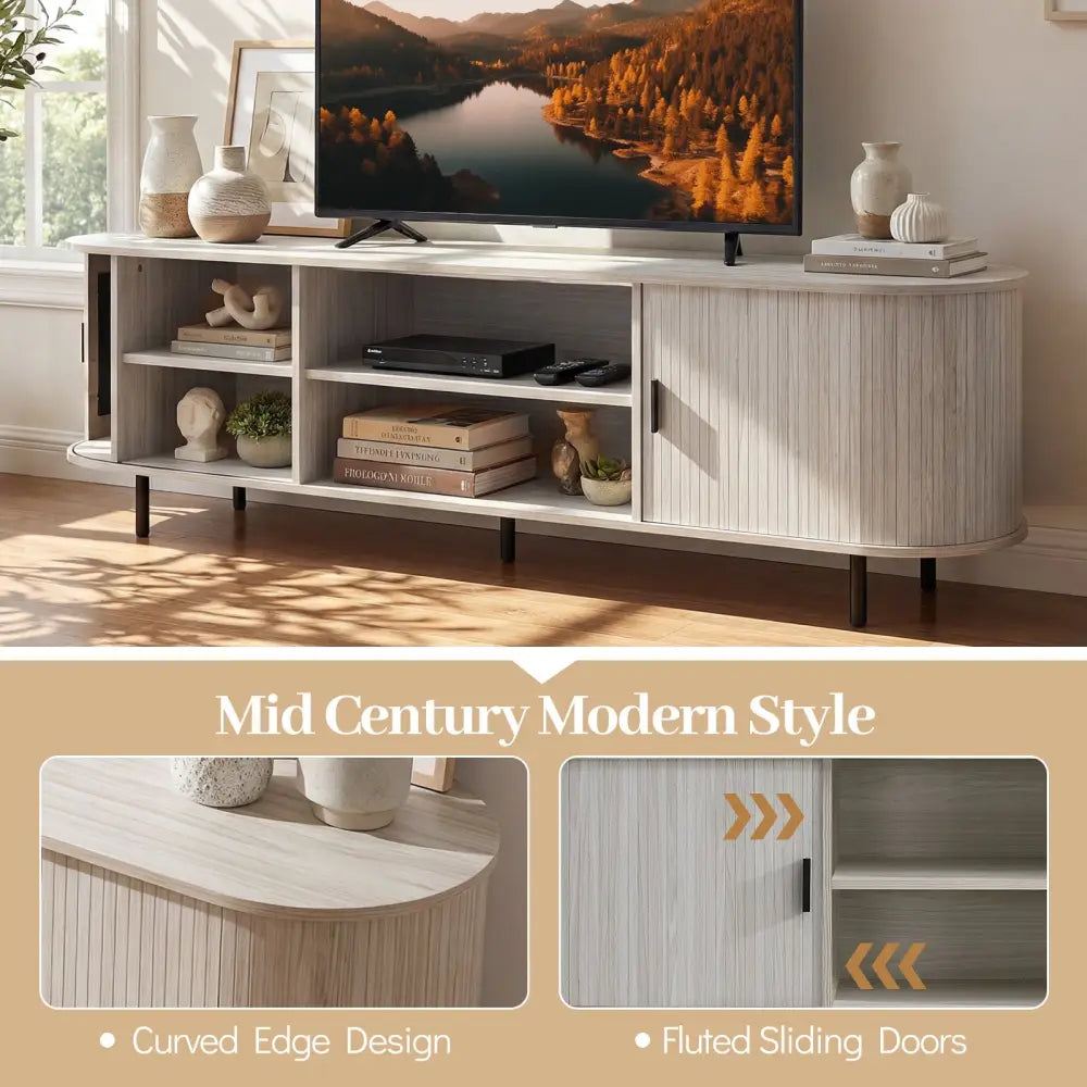 TV Stand for 80 Inch TVs Mid Century Modern Entertainment Center with Fluted Sliding Doors-Natural - Natural