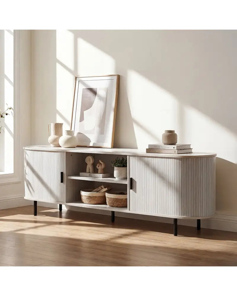 TV Stand for 80 Inch TVs Mid Century Modern Entertainment Center with Fluted Sliding Doors-Natural - Natural
