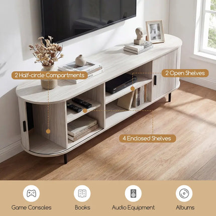 TV Stand for 80 Inch TVs Mid Century Modern Entertainment Center with Fluted Sliding Doors-Natural - Natural