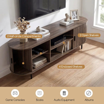 TV Stand for 80 Inch TVs Mid Century Modern Entertainment Center with Fluted Sliding Doors-Walnut - Walnut