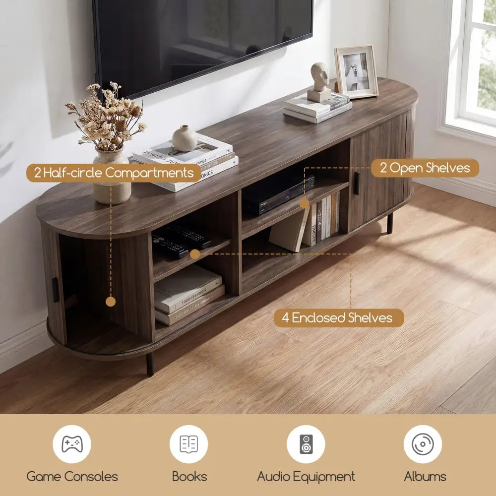 TV Stand for 80 Inch TVs Mid Century Modern Entertainment Center with Fluted Sliding Doors-Walnut - Walnut