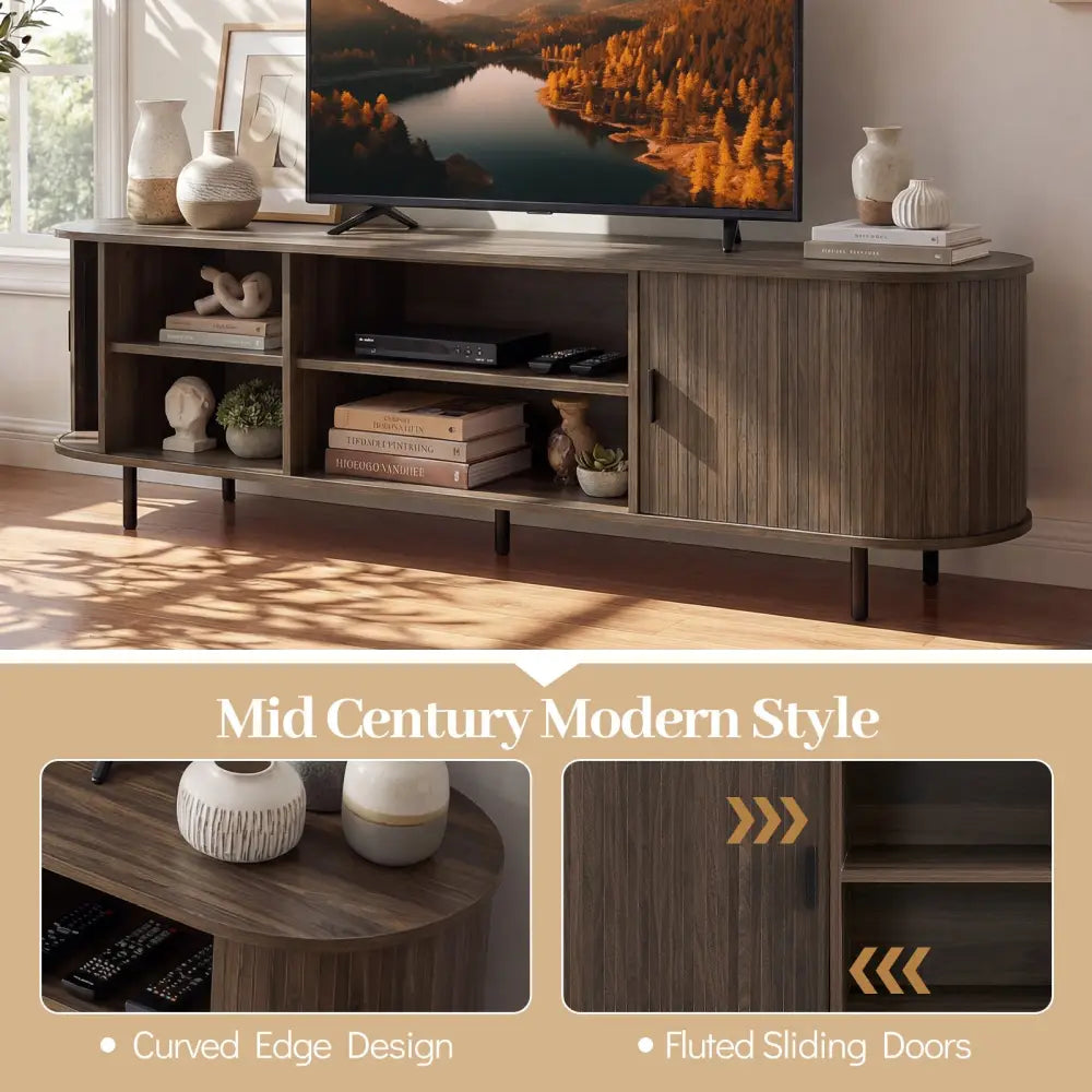 TV Stand for 80 Inch TVs Mid Century Modern Entertainment Center with Fluted Sliding Doors-Walnut - Walnut