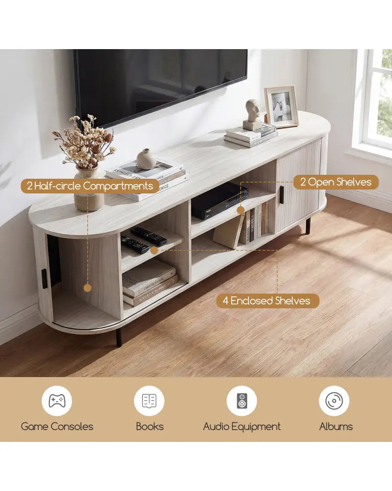 TV Stand for 80 Inch TVs Mid Century Modern Entertainment Center with Fluted Sliding Doors-Natural - Natural