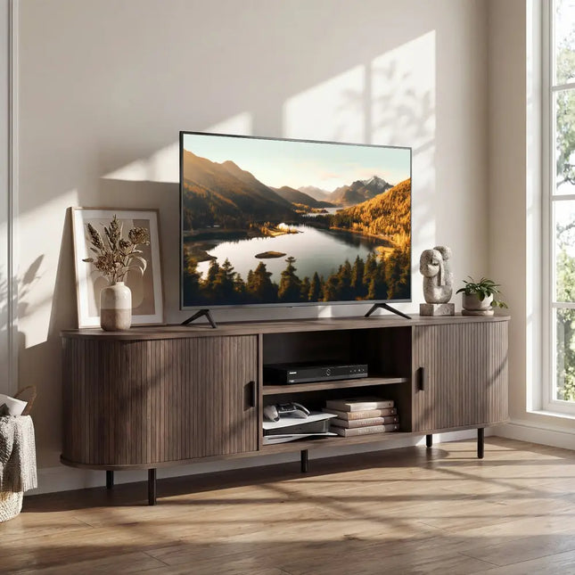 TV Stand for 80 Inch TVs Mid Century Modern Entertainment Center with Fluted Sliding Doors-Walnut - Walnut