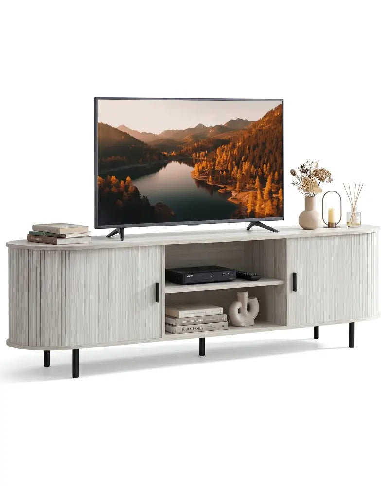 TV Stand for 80 Inch TVs Mid Century Modern Entertainment Center with Fluted Sliding Doors-Natural - Natural