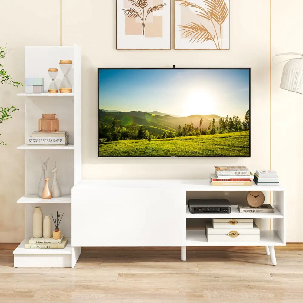 TV Stand for TVs up to 50 Inches Entertainment Center Modern Mid Century TV Cabinet-White - White - Entertainment