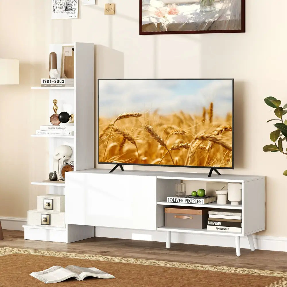 TV Stand for TVs up to 50 Inches Entertainment Center Modern Mid Century TV Cabinet-White - White - Entertainment