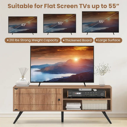 TV Stand for TVs up to 55 Inch Mid Century Modern Entertainment Center with Storage Cabinet-Oak - Oak - Entertainment