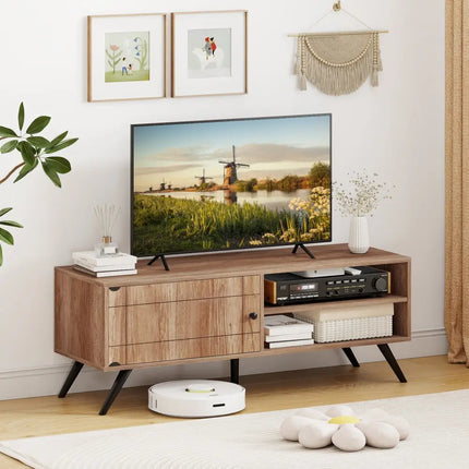 TV Stand for TVs up to 55 Inch Mid Century Modern Entertainment Center with Storage Cabinet-Oak - Oak - Entertainment