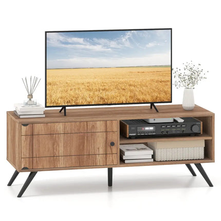 TV Stand for TVs up to 55 Inch Mid Century Modern Entertainment Center with Storage Cabinet-Oak - Oak - Entertainment