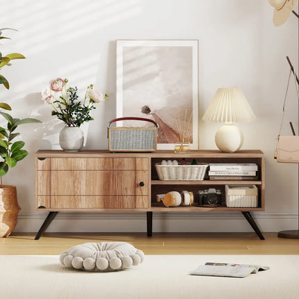 TV Stand for TVs up to 55 Inch Mid Century Modern Entertainment Center with Storage Cabinet-Oak - Oak - Entertainment