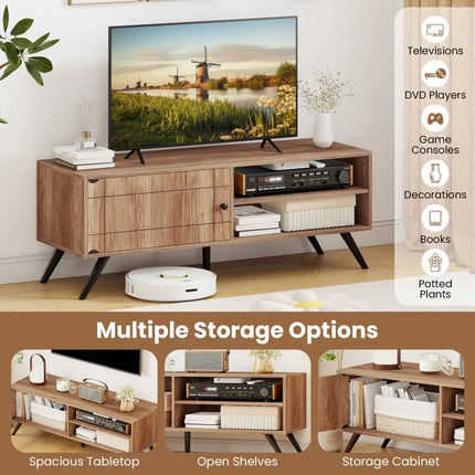 TV Stand for TVs up to 55 Inch Mid Century Modern Entertainment Center with Storage Cabinet-Oak - Oak - Entertainment