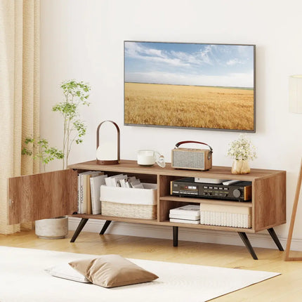 TV Stand for TVs up to 55 Inch Mid Century Modern Entertainment Center with Storage Cabinet-Oak - Oak - Entertainment