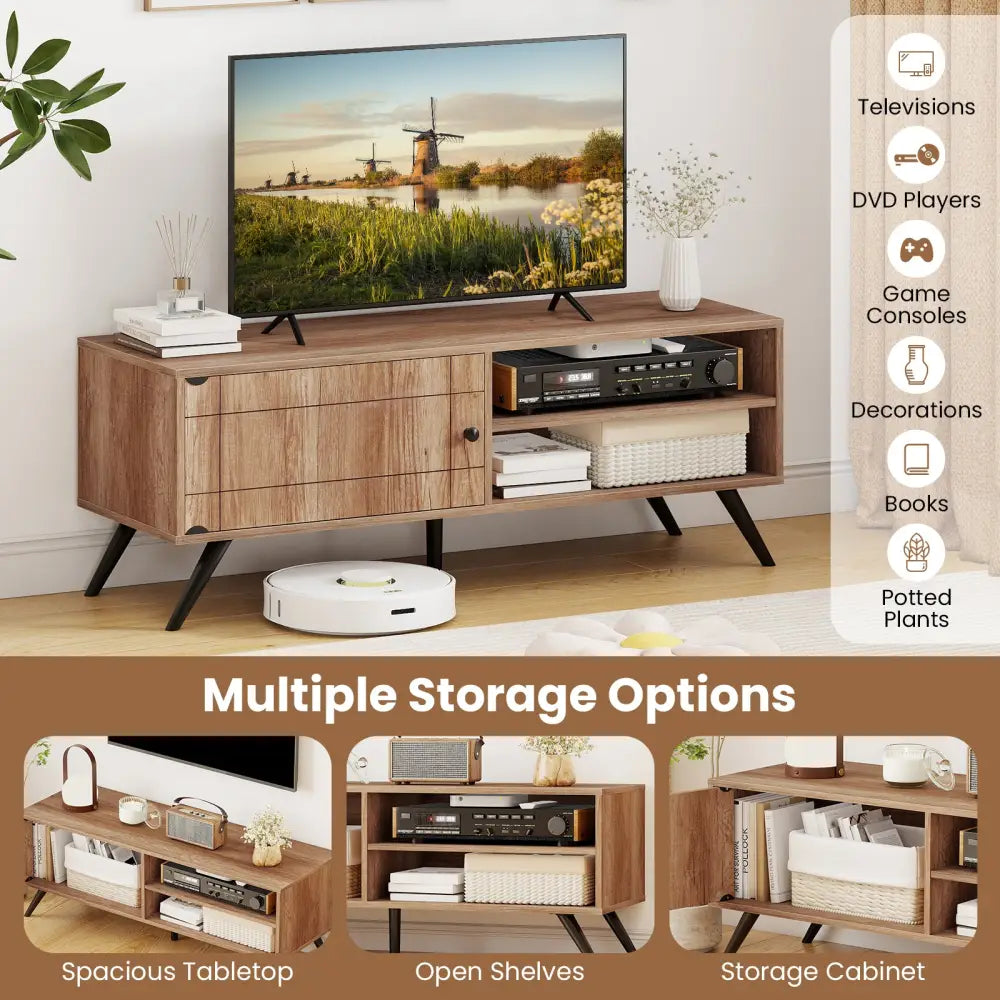 TV Stand for TVs up to 55 Inch Mid Century Modern Entertainment Center with Storage Cabinet-Oak - Oak - Entertainment