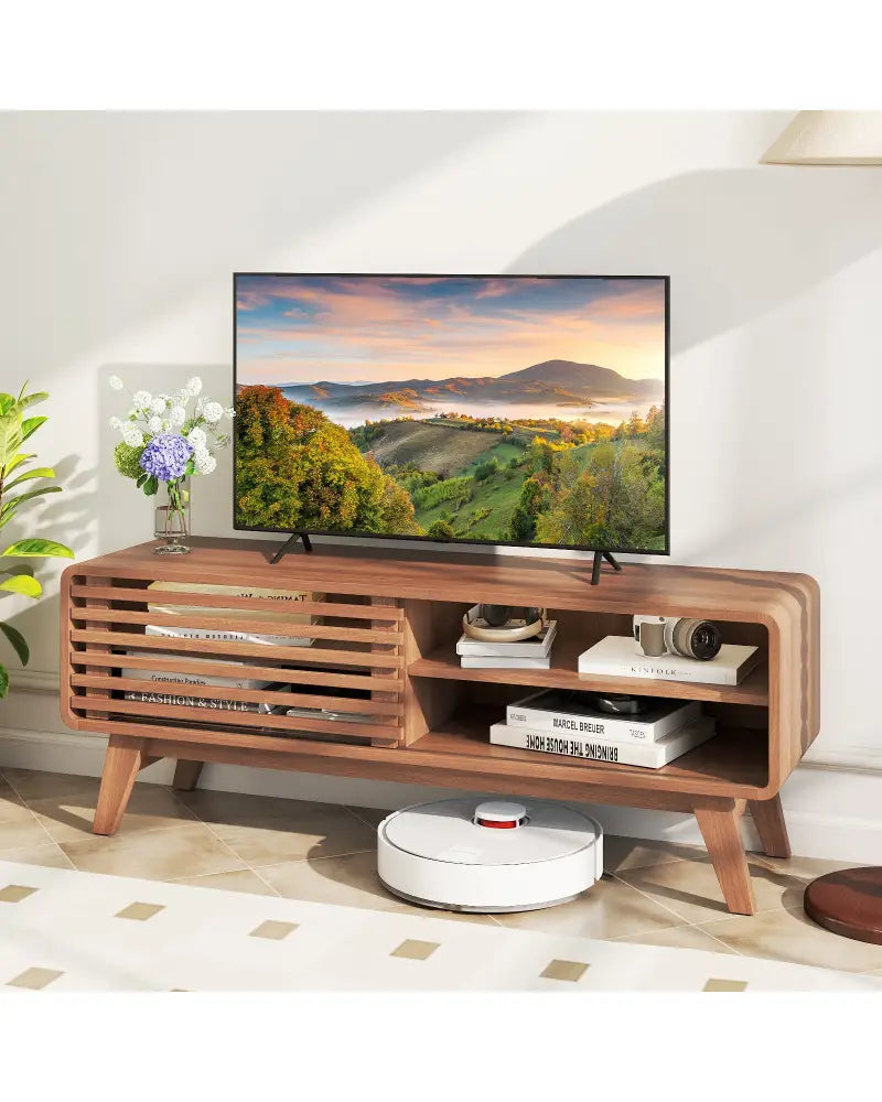 TV Stand for TVs up to 55’’ with Sliding Door and Adjustable Shelves for Living Room-Brown - Walnut - Entertainment
