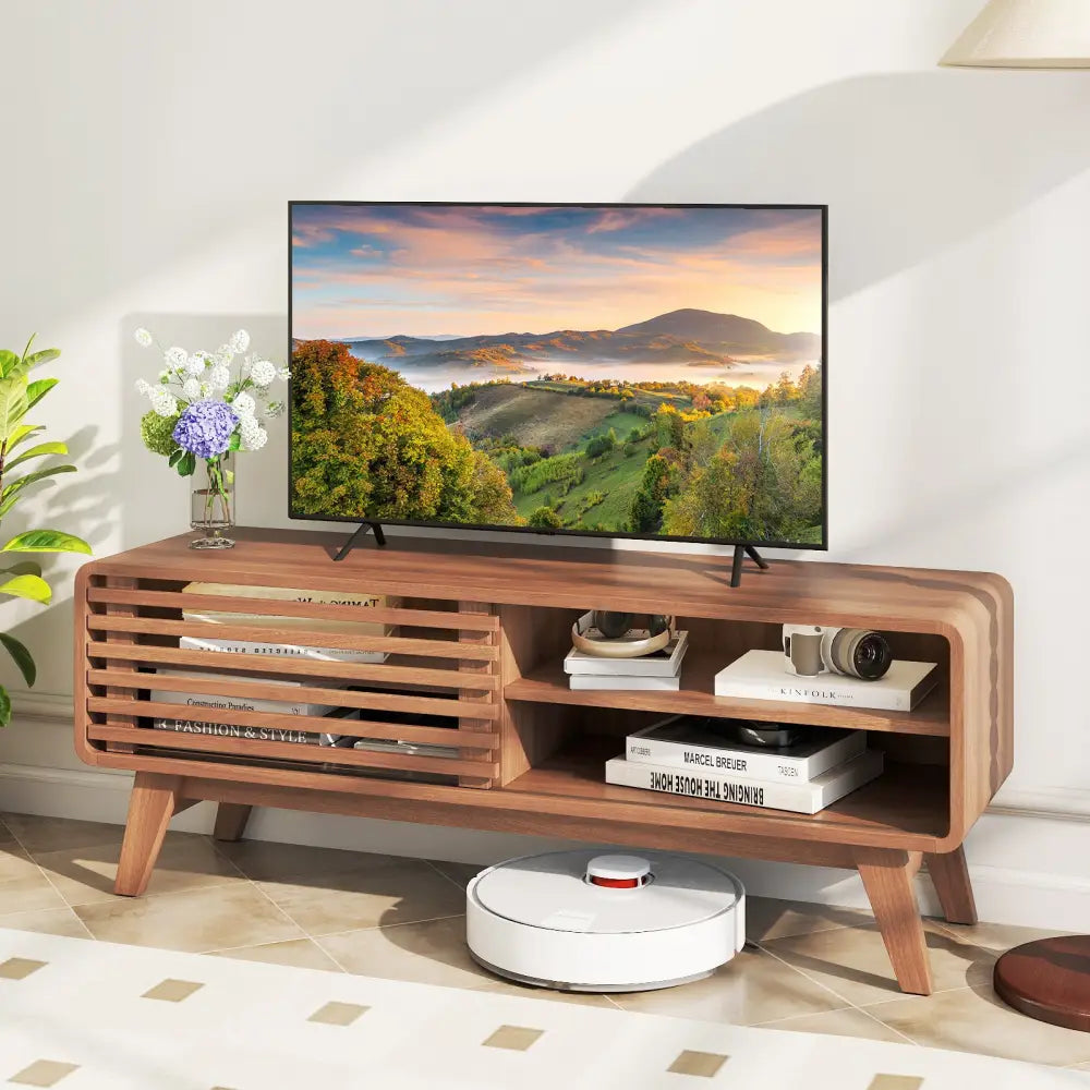 TV Stand for TVs up to 55’’ with Sliding Door and Adjustable Shelves for Living Room-Brown - Walnut - Entertainment
