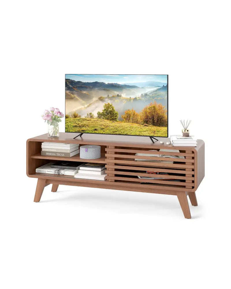 TV Stand for TVs up to 55’’ with Sliding Door and Adjustable Shelves for Living Room-Brown - Walnut - Entertainment