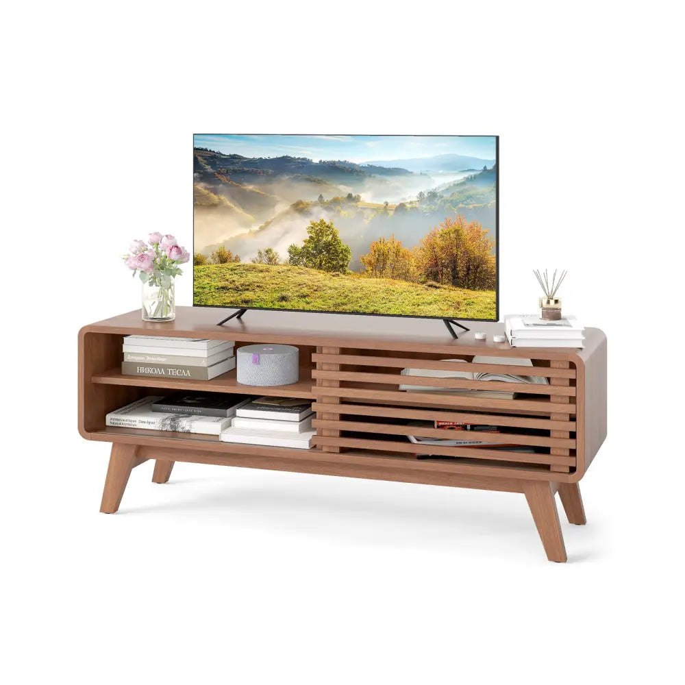 TV Stand for TVs up to 55’’ with Sliding Door and Adjustable Shelves for Living Room-Brown - Walnut - Entertainment